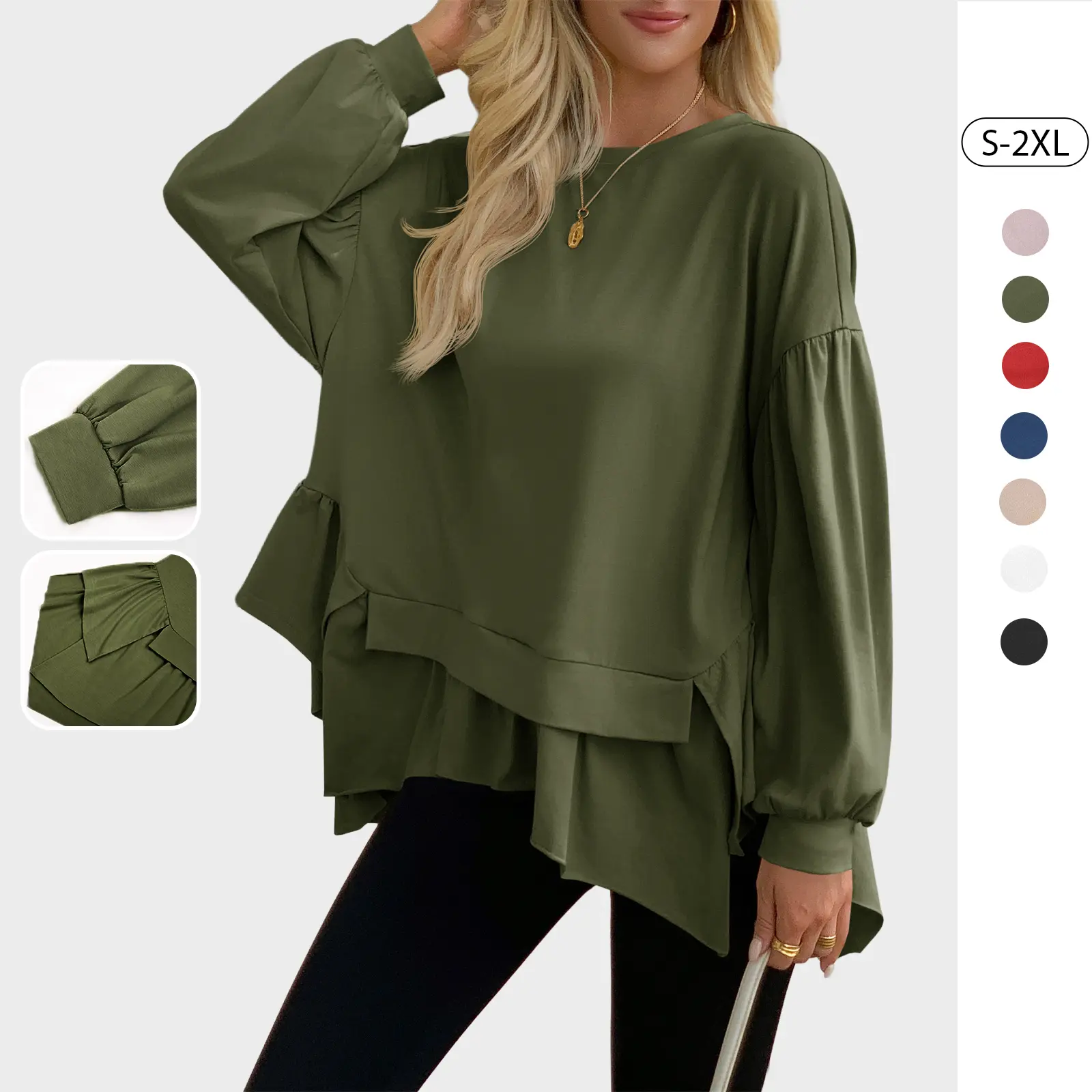 TANKANEO Women's Casual Peplum Blouse, Oversized Puff Long Sleeve Tunic Top with a Round Neck and Asymmetrical Hem, Blouses
