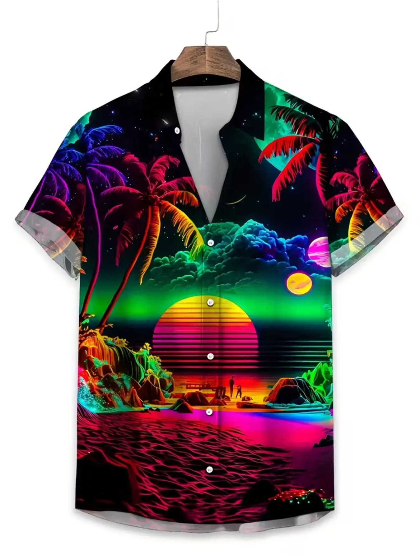 Men's Tropical Hawaiian Sunset Print Button Up Design Polo Button Shirt, Vibrant Coconut Tree and Ocean Design, Classic Casual Short Sleeve Top, Polyester, Summer Weekend Wear, Tropical Style