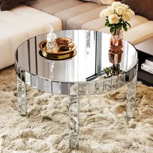 31.5" Silver Mirrored Coffee Table, Round Mirror Center Table with Starburst Mirror Mosaic Design, Modern Luxury Mirrored Furniture Glass Top Cocktail Tea Table for Living Room (31.5'' W * 31.5'' D * 18''H)