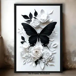 3D Paper Cut Black Butterfly Animal Wall Art Painting - Floral White Rose Flower Print, Elegant Minimalist Wooden Framed/Unframed Hanging Botanical Home Decor Gift for Living Room, Bedroom