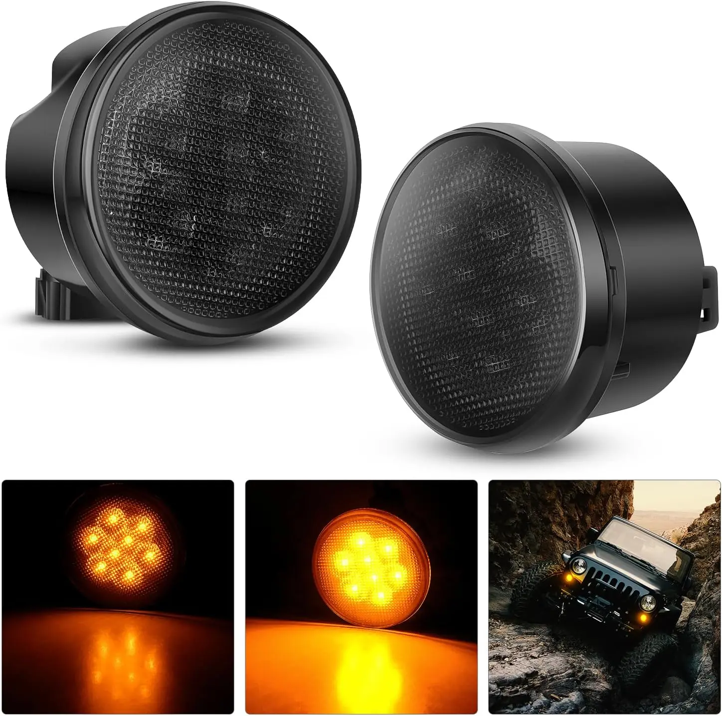 Nilight JK Front Turn Signals Light 8LED Smoked Lens Amber Front Grille Indicator Light Day Running Light Waterproof Clearance Light Compatible with 2007-2017 Wrangler JK JKU Car Accessories Side Lamp, Auto Parts Accessories