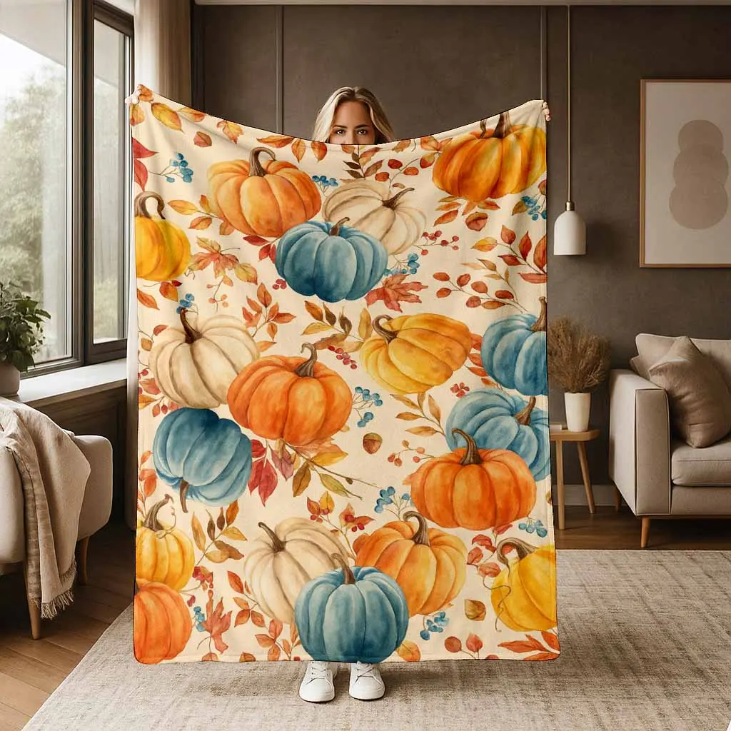 Watercolor Pumpkin Flannel Throw Blanket - Elegant Autumn Harvest Print, Extra Soft, Lightweight, Warm, Cozy, Anti-Pilling, for Sofa, Bed, Travel, Ideal for Thanksgiving, Halloween, Gifting