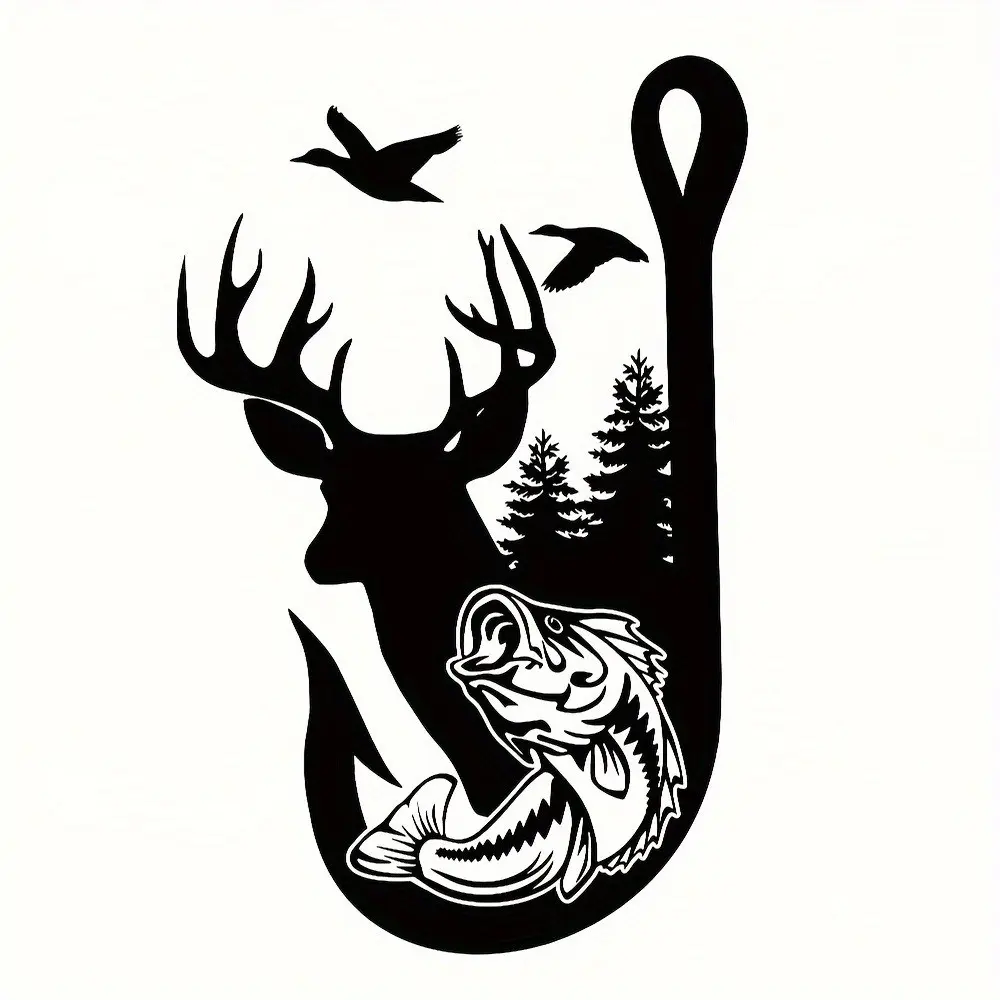 Unique Cute Waterproof Vinyl Sticker, Deer Fish Tree Fishing Hook Decal, Car Decals, Suitable for Laptops, Cars, Motorcycles, Car Windows, Automotive Decals, Car Stickers