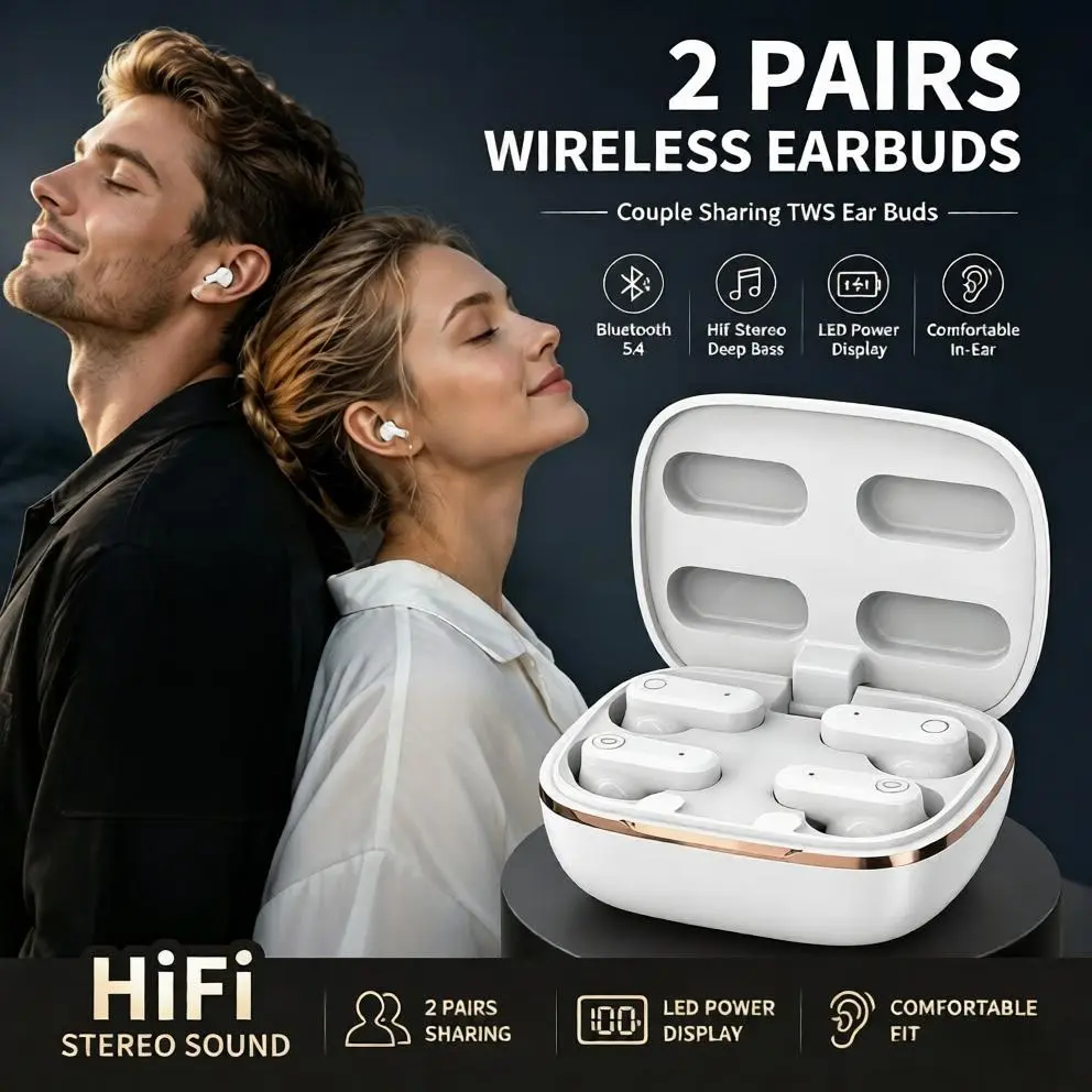 4 Earbuds In-Ear Wireless Earbuds Bluetooth 5.4, HiFi Stereo Sound Life TWS Headphones for Couple Sharing