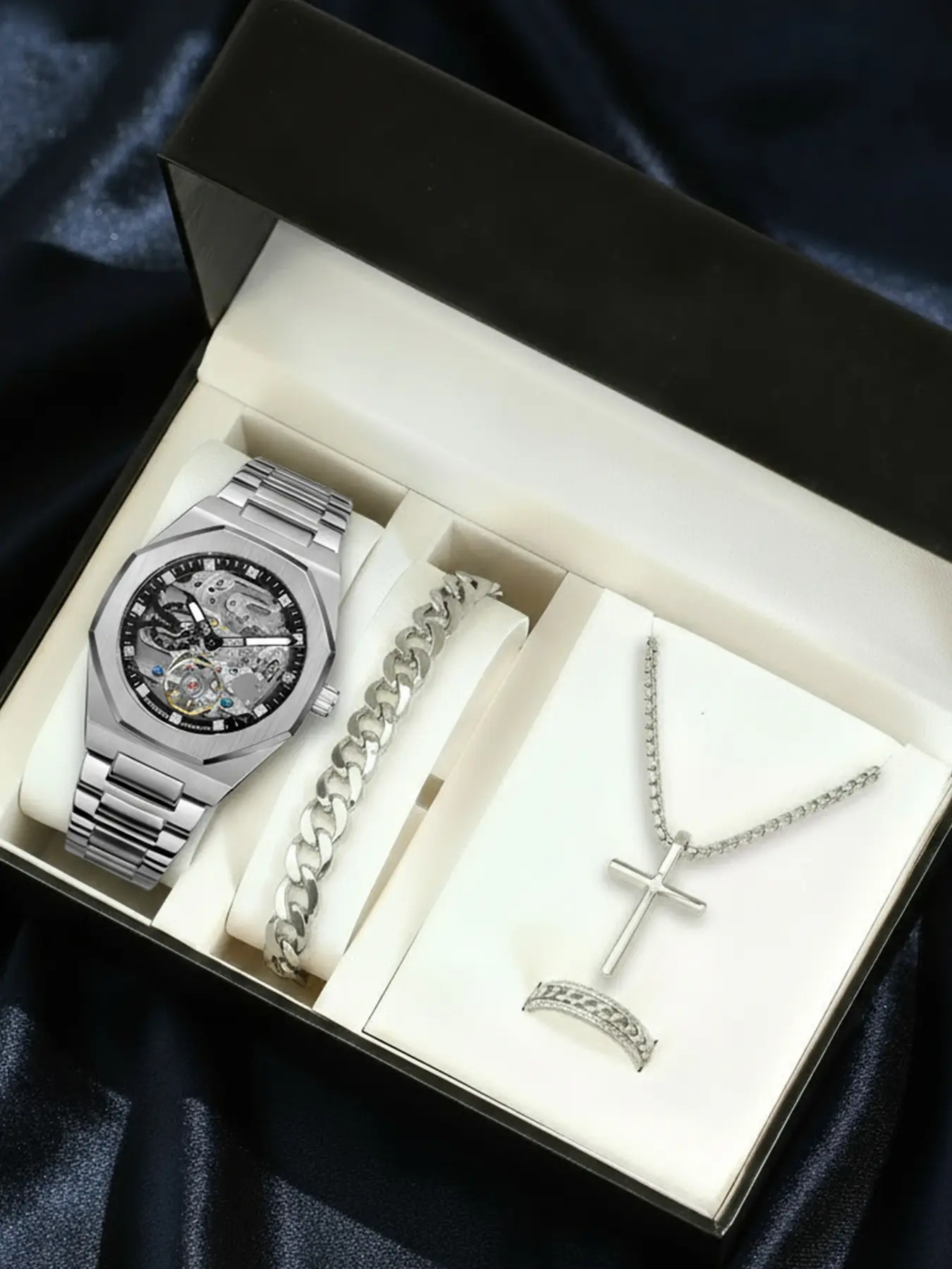 Multi piece men's exclusive Valentine's Day gift bracelet accessory set combination stainless steel strap material hollow out wear-resistant Korean version Bohemian style fully automatic mechanical watch Mechanical Style Watches