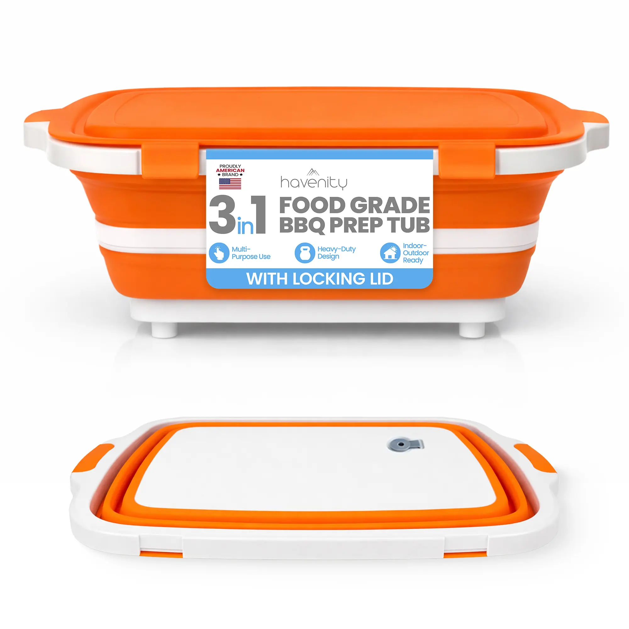 Havenity BBQ Prep Tub, Multifunctional Camping Cutting Board with Locking Lid, Meat Prep Tub for Meal Prep Marinating Food, Tailgate Container with Lid, Collapsible Food Storage Containers Gifts Boyfriend,Husband and Father BBQ Brisket (Orange)