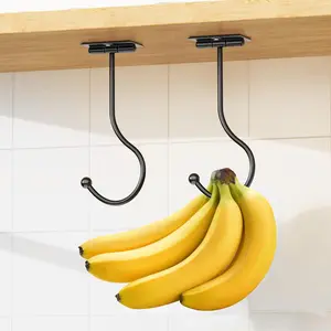 Modern Banana Hanger Hook Under Cabinet: Adhesive Banana Holder, Foldable with  When Not in Use, Under Counter Banana Hook, Stainless, Hold 13 LB, Black, 2 Pack