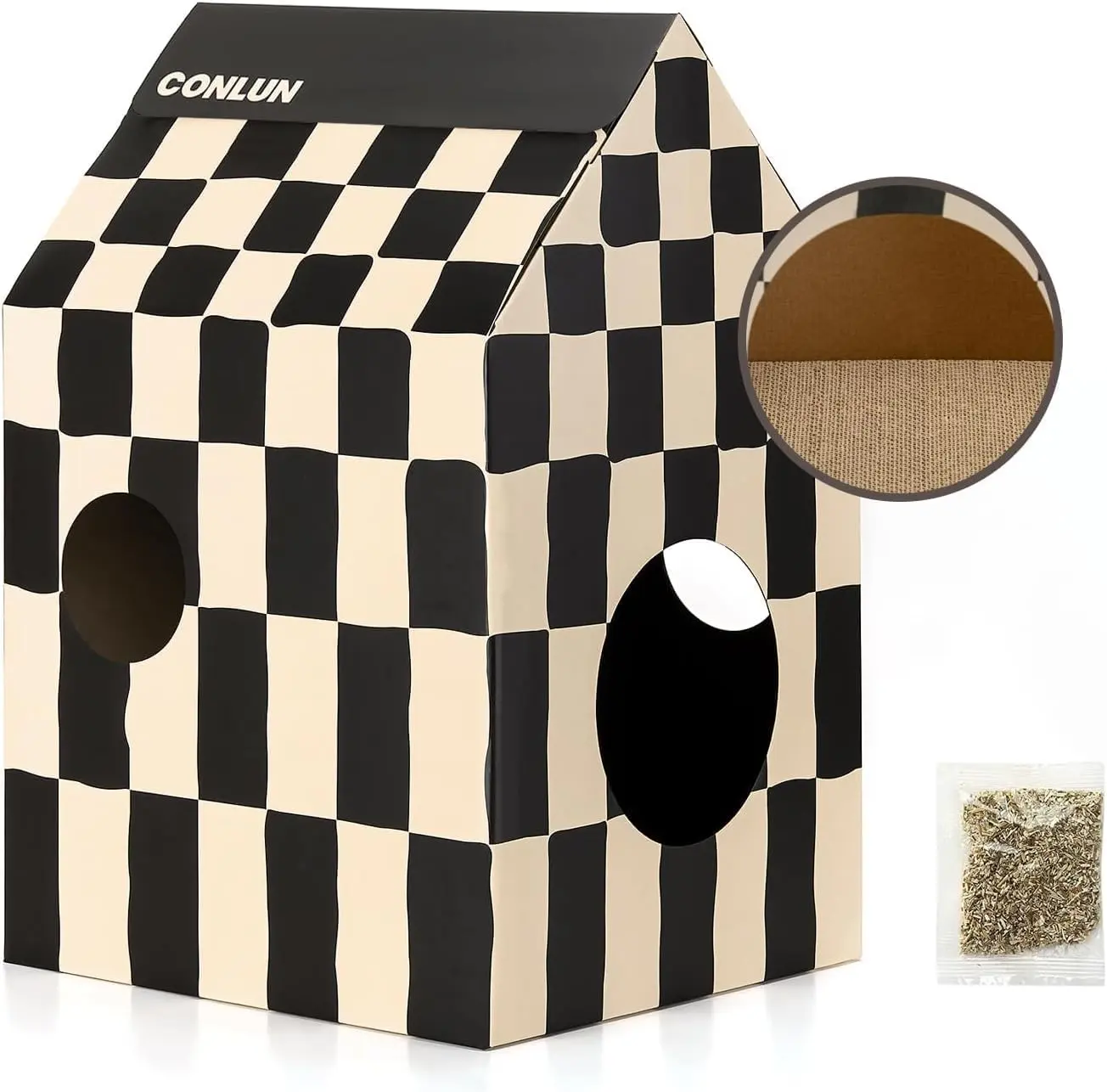 Conlun Cardboard Cat House with Cat Scratch Pad, Catnip, Easy-to-Assemble for Indoor Cats & Small Animals, Natural Pet Supplies Cute Kitty