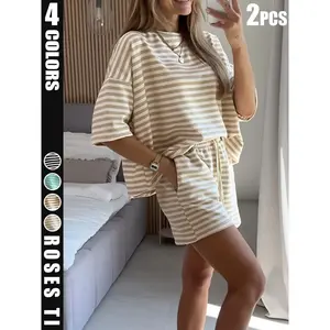 Clearance Sale – 2-Piece Women’s Striped Printed Fitted Round-Neck Top and Shorts Two-Piece Set (Casual, Fashionable) GARMENTARY