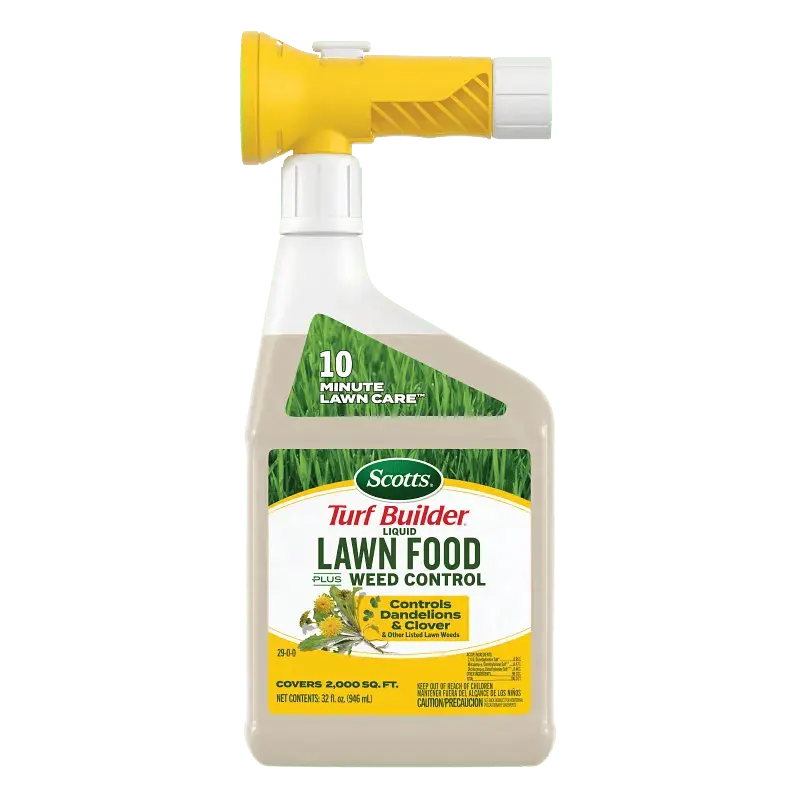 Scotts Turf Builder Liquid Lawn Food + Weed Control - 32 fl oz Nutrient Boost Weed Killer Fertilizers & Plant Food, Feeds Lawn, Thickens Grass, Kills Dandelions and Clover
