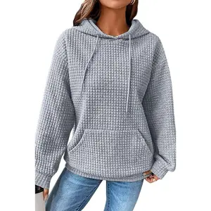 Women’s Casual Waffle Long-Sleeve Drawstring Hoodie with Pocket