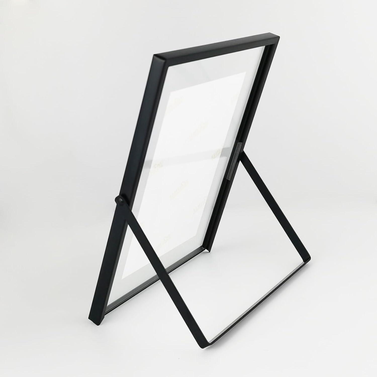 Black Floating Picture Frames - Set of 3, for Photo Size 4×4, 4×6, 5×7, Vertical Tabletop Display, Double Glass Metal Frame for Wedding, Home or Office Desk Decoration