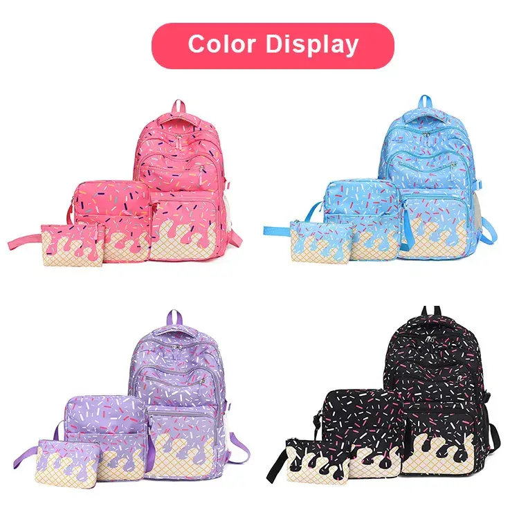 Cute ice cream girl design three-piece set: backpack with sugar crystals, suitable for everyday outings and travel; large-capacity school bag