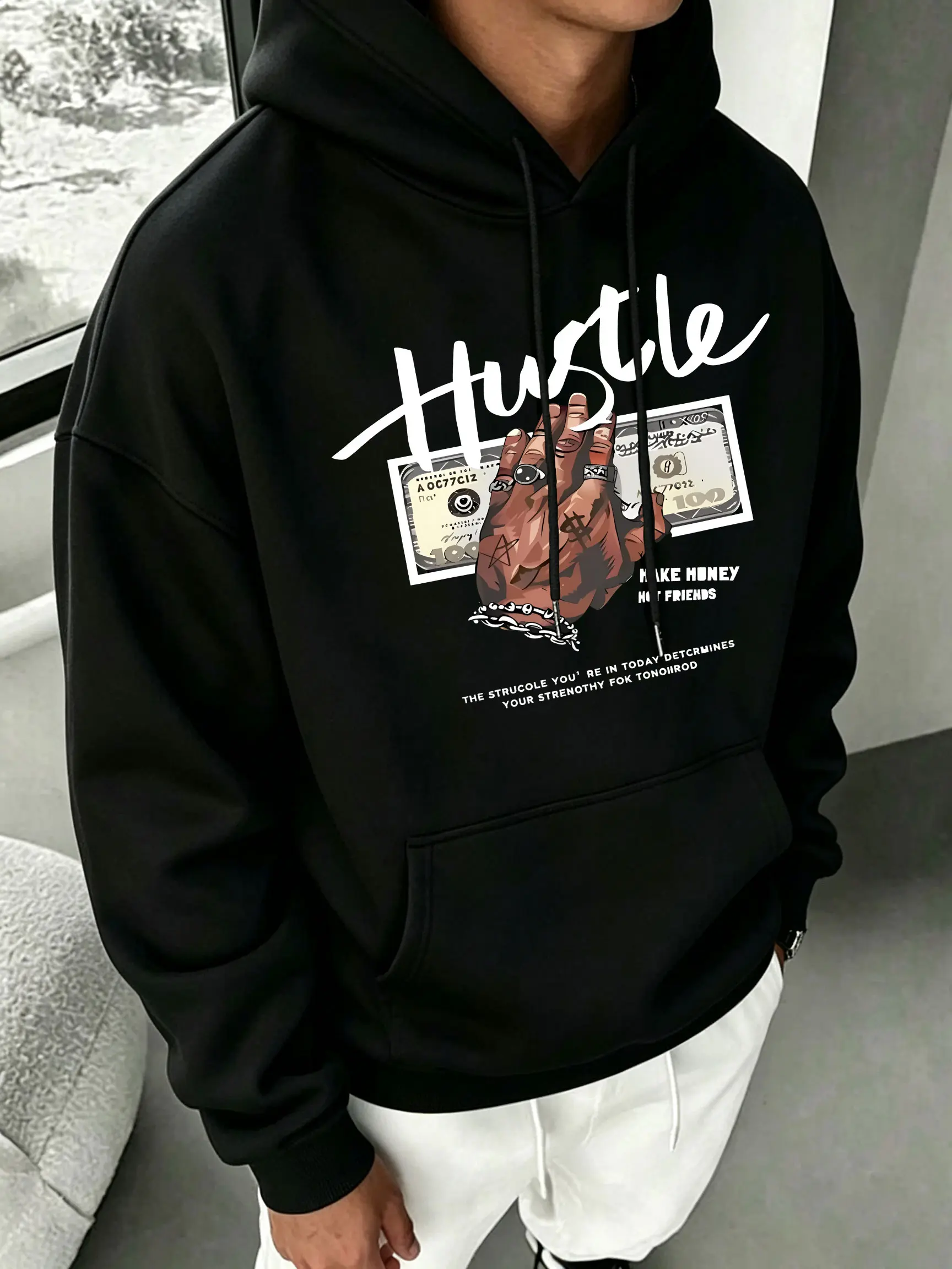 HUSTLE handwritten floral banknote tattoo design front graphic hoodie sweatshirt, "Make Money Not Friends" entrepreneurship motivational theme, unisex oversized hoodie