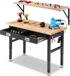 ENJOYWOOD 48-Inch Rubber Wood Top Work Bench - Safety Tool Organizer, Ergonomic Adjustable Storage Benches with Drawers, Shelf Bracket, Power Outlets for Garage, Workshop Stability