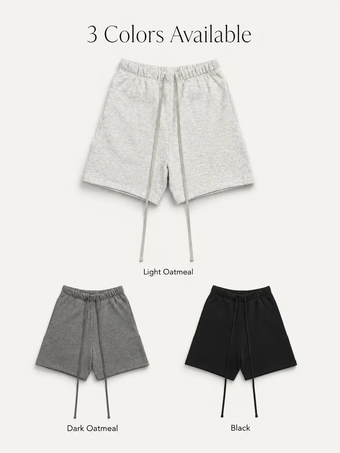 Men's Relaxed Fit Sweat Shorts, Casual Short Trousers with Long Drawstrings, Elastic Waist & Side Pockets – Light Oatmeal, Dark Oatmeal & Black