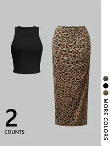 Women's Leopard Print Crop Tank Top & Skirt Two-piece Fitted Clothing Set, Casual Basic Fashion Cozy Two Piece Outfits for Daily Outdoor Wear, Ladies Clothes for Spring & Summer, Suits, Womenswear