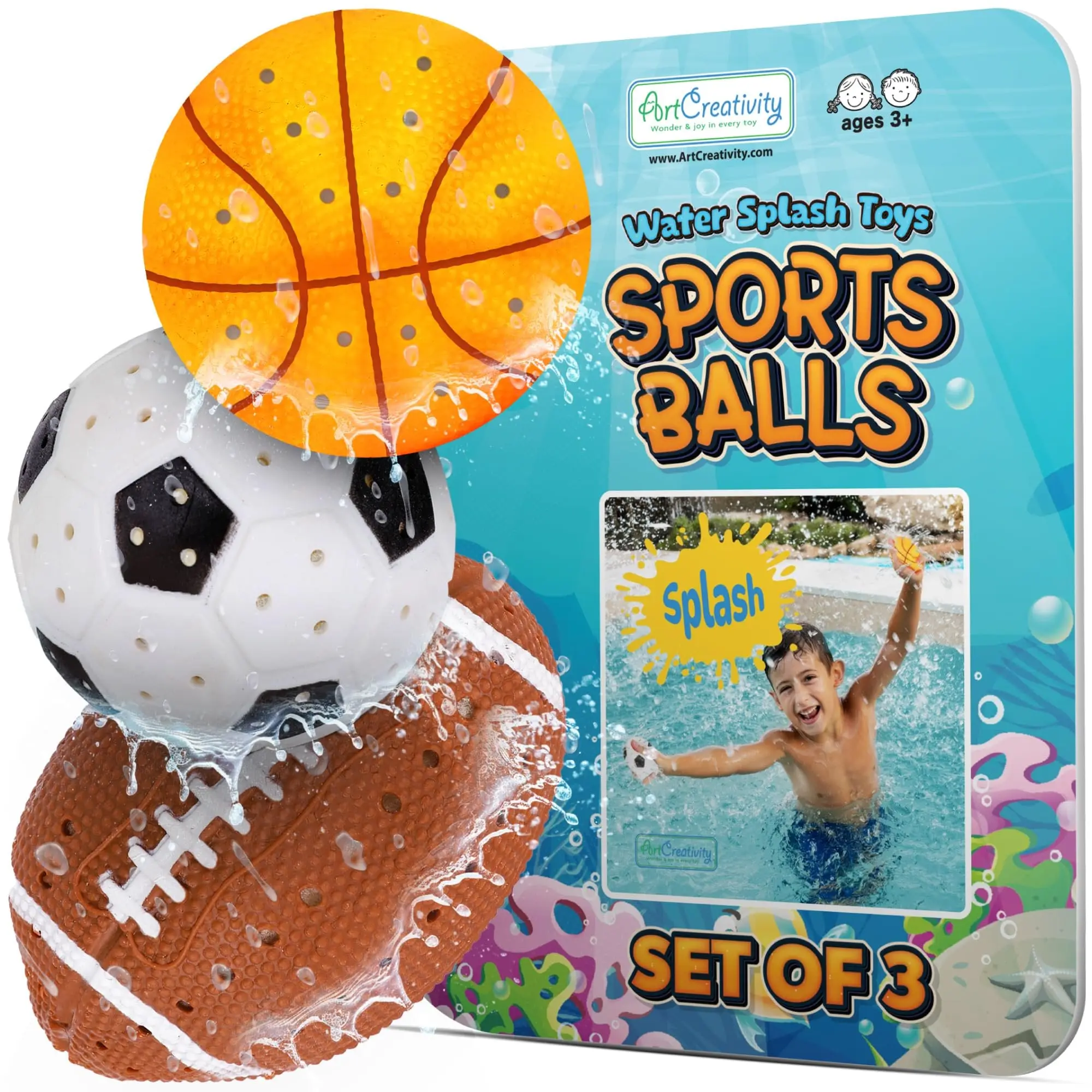 ArtCreativity Water Splash Sports Balls – 3 Pack Spongy Bath & Pool Toys for Kids, Football Basketball Soccer Designs