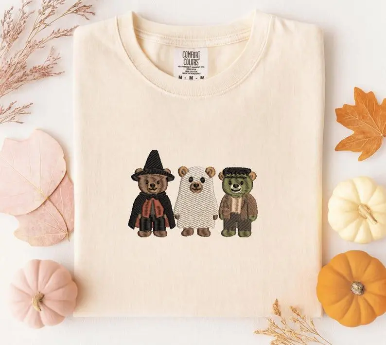 Pumpkin Balloon Ghost Mouse Embroidered Shirt, Cute Halloween Embroidery Tee, Comfort Colors Spooky Fall Shirt