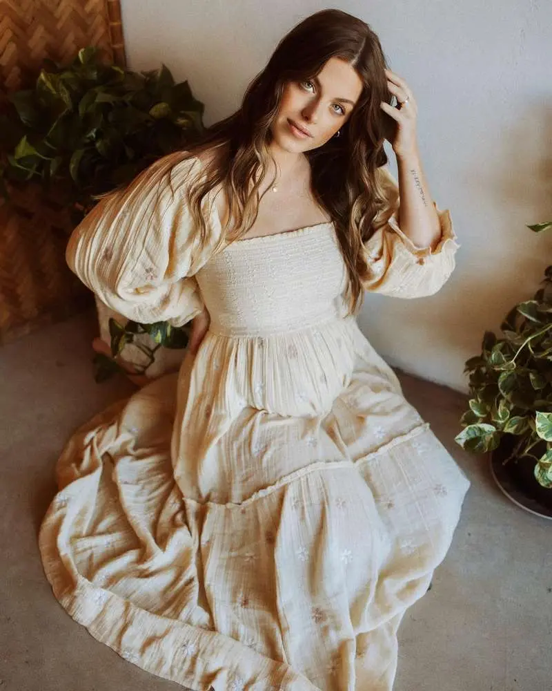 Women's Apricot Daisy Off-Shoulder Ruffle 3/4-Sleeve U-Neck Bohemian Maxi Dress - Maternity Clothing for Photoshoots, Baby Shower Outfits, Womens Dresses