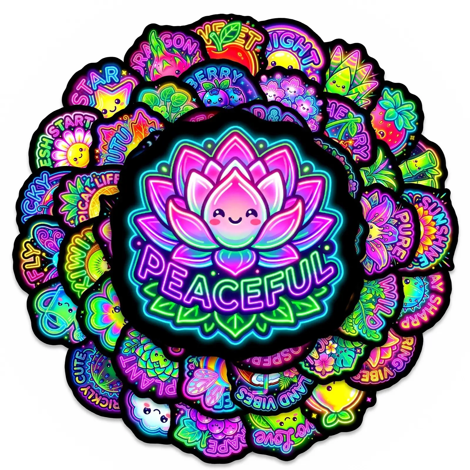 50pcs Neon Fluorescent Plant and Fruit Stickers, Side Decals, Suitable for Scrapbooks, Diaries, Laptops, Water Bottles, Cars, Etc. A Gift with A Positive Message and Based on Beliefs.