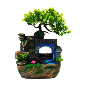 Desktop Mini Waterfall Fountain Meditation Ornament Stress Relief W/ Light LED Decoration Landscape Relaxation Indoor Waterfall for Home Resin Hand Carving Compact Tabletop Decor Gift