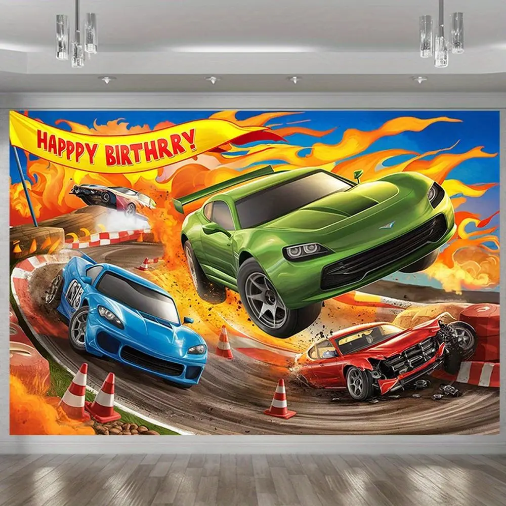 1pc Modern Farmhouse Summer-Vibe Race Car Birthday Banner - Vibrant Amber Glow Polyester Backdrop with Green, Blue Sports Vehicles, Flames, Checkered Flag, Car Print, Polyester Fits for Indoor Wall Decor, Youngsters' Festive Supplies