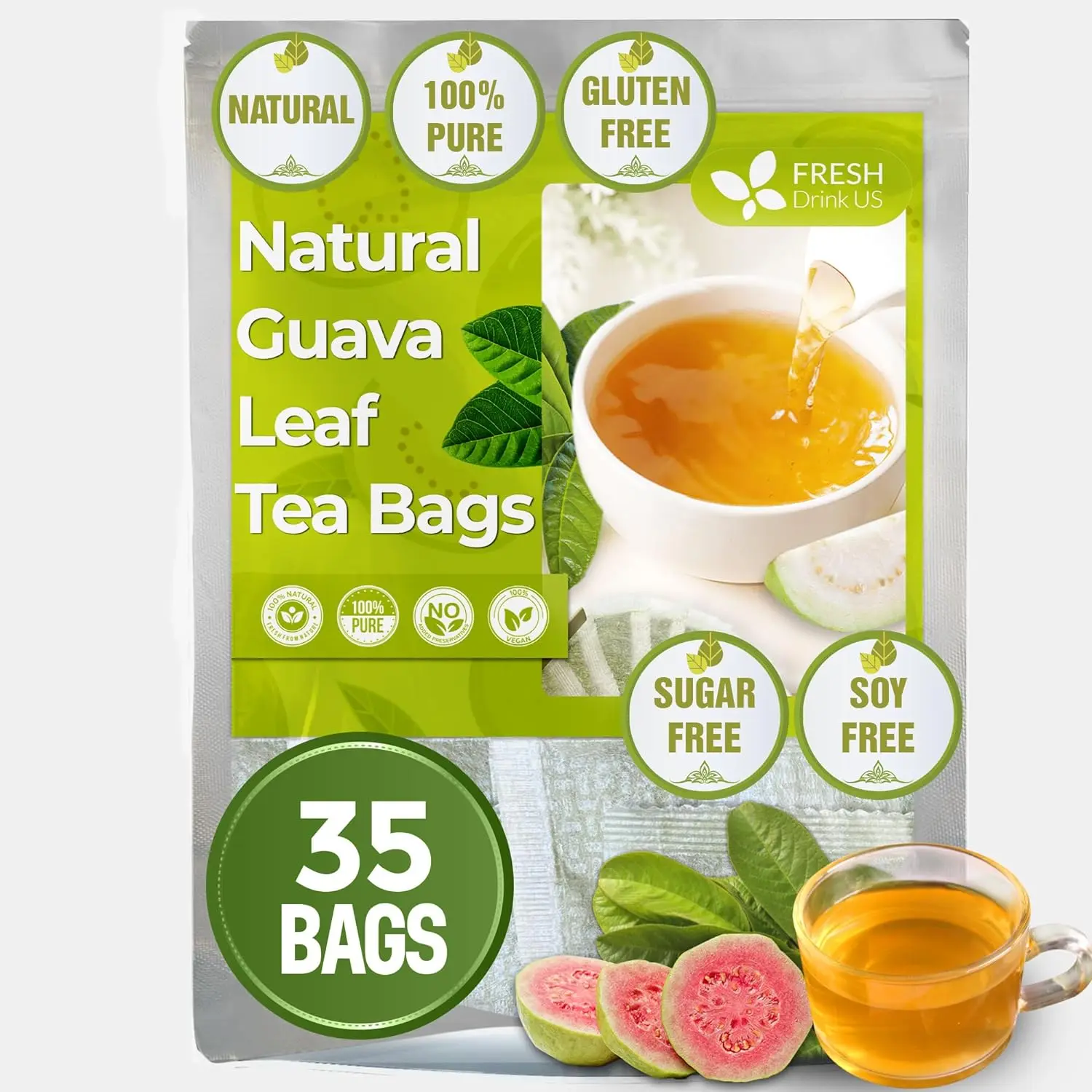 FreshDrinkUS Premium Guava Leaf Tea Bags, 135 count, 100% Natural and Pure from Guava Leaves. Guava Tea, Loose Leaf Guava Herbal Tea. Guava Leaves Tea. No Sugar/Caffeine/Gluten, Vegan, Natural Beverage