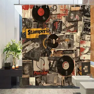 2D Flat 1Pc Vintage Music Theme Shower Curtain, featuring patterns of vintage vinyl records and cassette tapes with a distressed texture, is perfect for nostalgic decor. It comes with 12 hooks, measures 71inch x 71inch inches, is machine washable, and is
