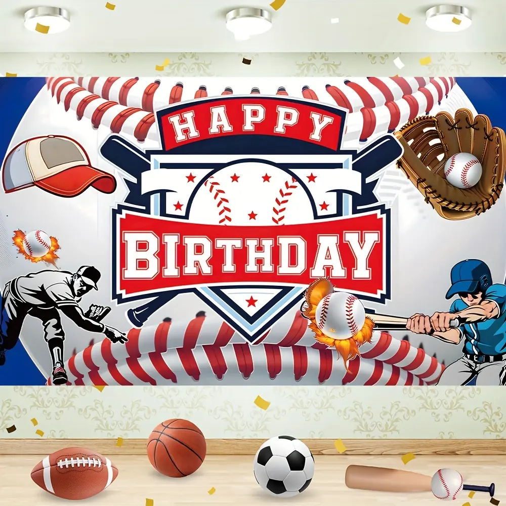 Red & White Baseball Print Glam Durable Soft Fabric Vinyl Banner, Textile Wall Ornament, Photo Supply for Birthday Party Decorations