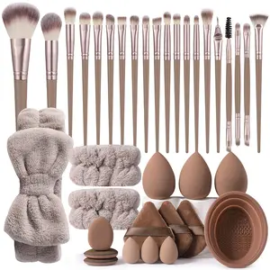 36PCS Makeup Tools Set Including:20PCS Makeup Brush Set+3PCS Makeup Sponges+3PCS Mini Makeup Sponges+3PCS Triangle Powder Puffs+3PCS Mini Air Cushion Powder Puffs+1pc Hairband+2PCS Hand Bowl Strap+1pc Makeup Brush Cleaning Tools