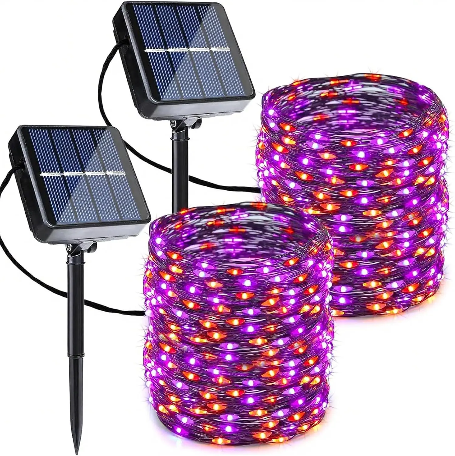 Orange Purple Solar String Lights - 2 Pack Total 80FT 240LED Solar Fairy Lights, Waterproof Outdoor Twinkle Lights with 8 Modes for Garden, Porch, Trees,Happy New Year Decor (Black Wire)