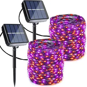 Orange Purple Solar String Lights - 2 Pack Total 80FT 240LED Solar Fairy Lights, Waterproof Outdoor Twinkle Lights with 8 Modes for Garden, Porch, Trees,Happy New Year Decor (Black Wire)