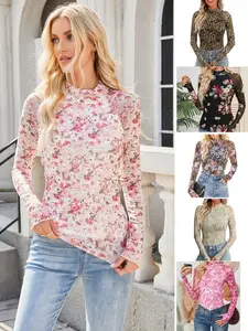 Women's Lace Long Sleeve Mesh Top Mock Neck Sheer Blouse with Floral Pattern for Layering & Stylish Outfits Gothic Chic Elegant Summer Shirts Light