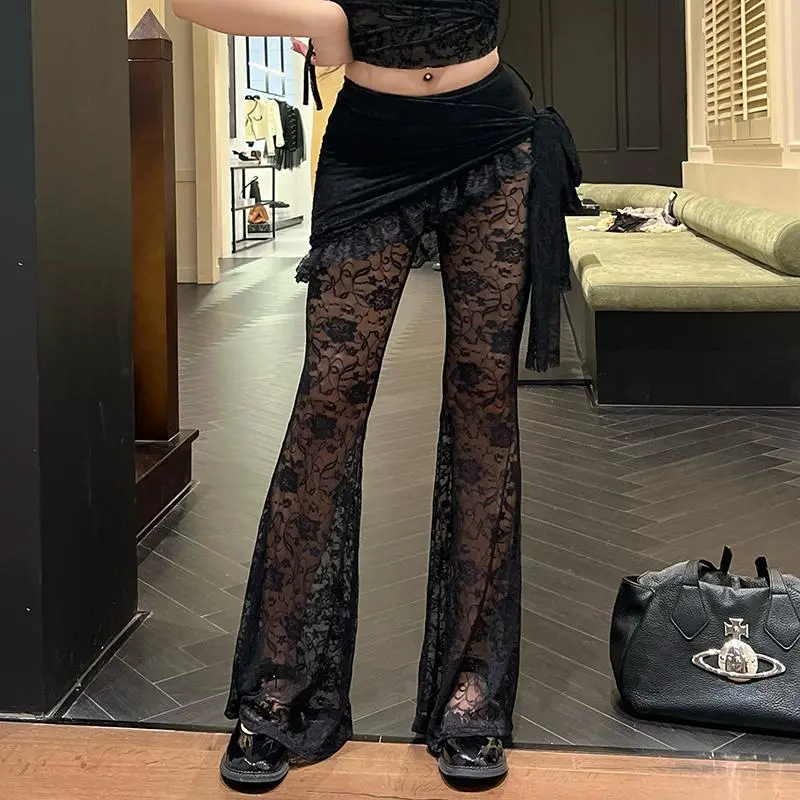 Women's High-Waist Flare Pants in Floral Lace with Asymmetrical Hem and Bandage Detail for a Halloween Look, Halloweenlook, Stretchy Flare Pants, High Rise Flare Pants, V-Flare Pants