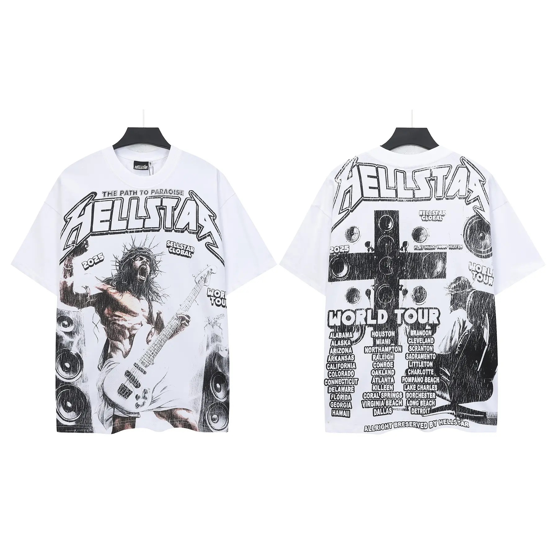HELLSTAR 100% Cotton Certified Rockstar Guitar Graphic Tee World Tour Cross Back Print Standard Fit T-Shirt
