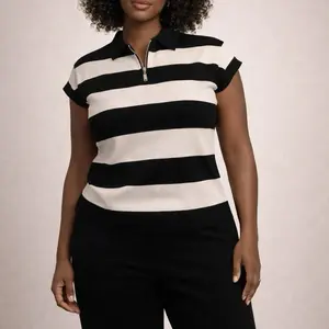 Striped Polo Shirt for Women - Black & White Crew Neck Short Sleeve Top
