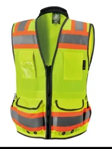 Superintendent/Surveyor Vest, High Visibility Reflective Safety, Mesh Back Solid fabric front Reflective Safety Vest with Zipper and Multi pockets
