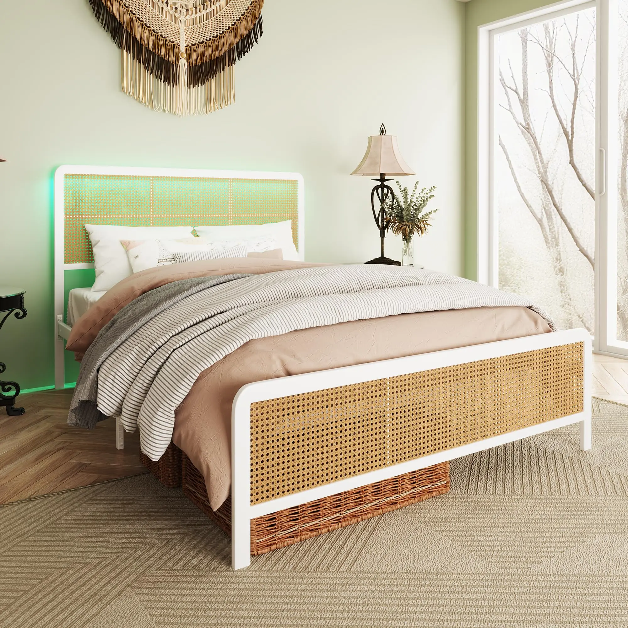 GARVEE Full Size Bohemian Rattan Frame Bed with Headboard, LED Lights, Metal Platform Base, Strong Slats Support, Noise-Free Design, No Box Spring Needed