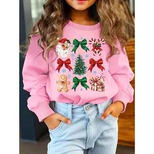 Girls' Pink Christmas Sweater with Gingerbread for Man, Candy Canes, Bows & Tree Print - Soft Round Neck Pullover, Machine Washable Spring/Fall Holiday  for Easter & Xmas Parties, Casual  Outfits for Girls