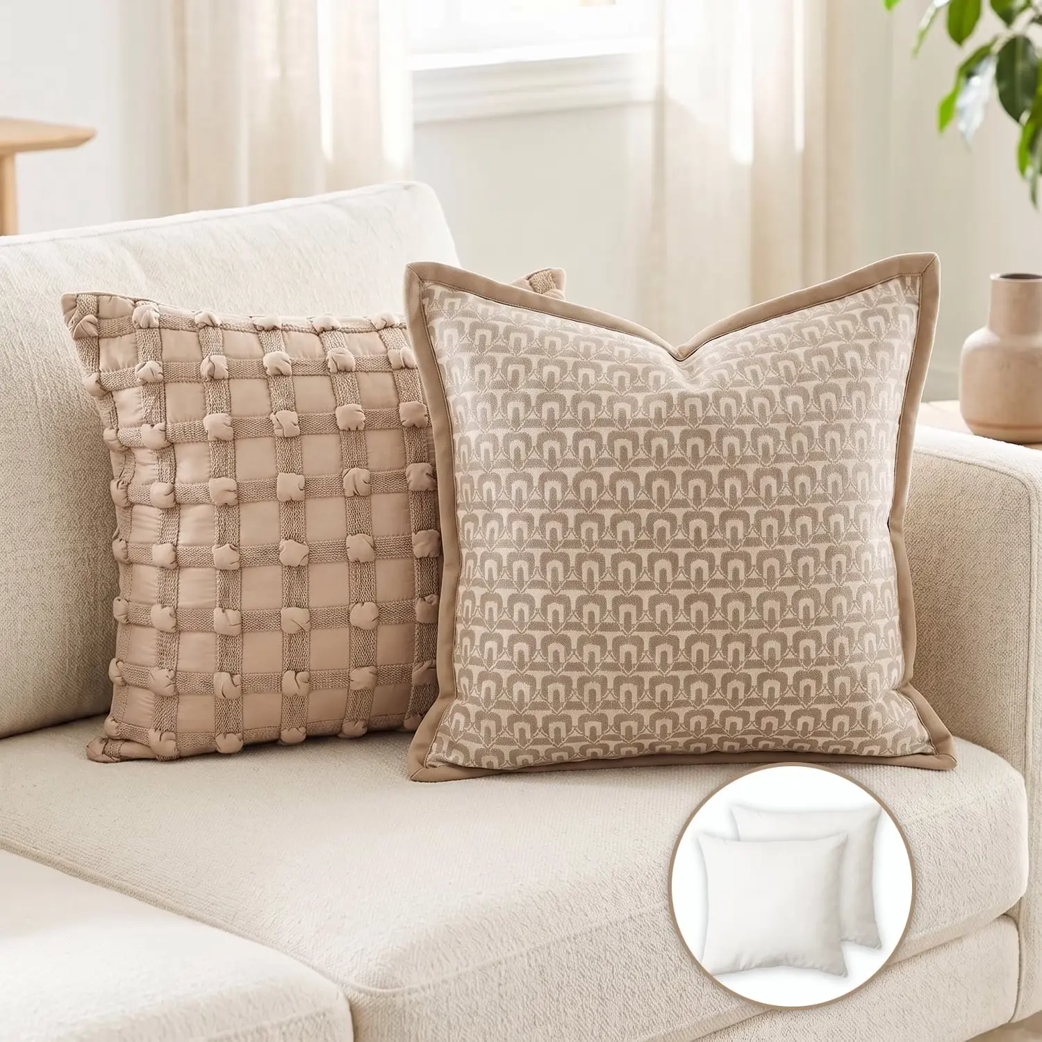 Beige Chenille Throw Pillows Set of 2 with Inserts 18x18 Farmhouse Decor