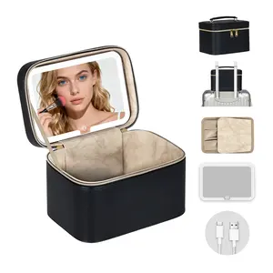 Makeup Bag with LED Lighted Mirror, Portable Vanity Case Train Case & Travel Toiletry Bag, Cosmetic Organizer with Brush Holder | 3 Color Lights, Adjustable Brightness for Precision Makeup, Elegant Gift for Women