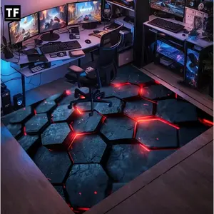 2D Illusion Glowing Hexagonal Tech Floor Flannel Area Rug - Oversized Soft Plush Mat for Gaming Room & Living Room, Non-Slip Optical Illusion Home Decor, Geometric Pattern Rug #2DIllusionRug #OpticalIllusionDecor #GamingRoomCarpet #FlannelMat #NonSlipRug