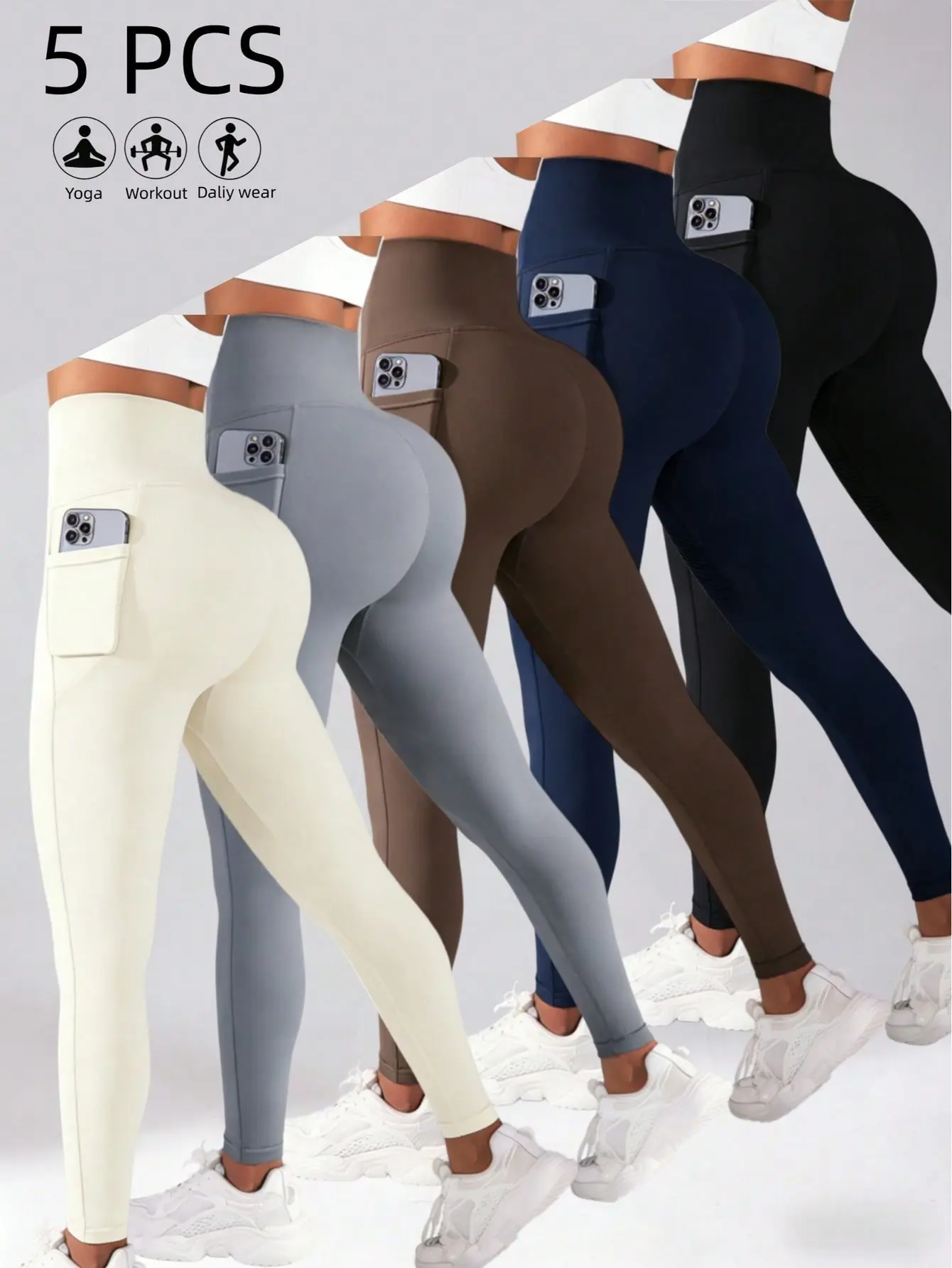 5 PCS Women's Solid Color Leggings, Leggings For Women, Butt Lifting Leggings, Highly Elastic Sports Leggings, Slim Yoga Athleisure