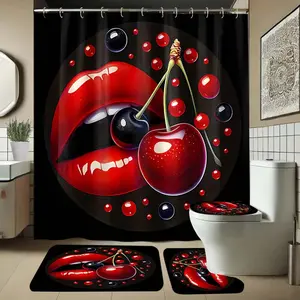 Lip Cherry Pattern Bathroom Set, Includes Shower Curtain and Rug, Non-Slip Bath Mat, U-Shaped Toilet Lid Cover Pad