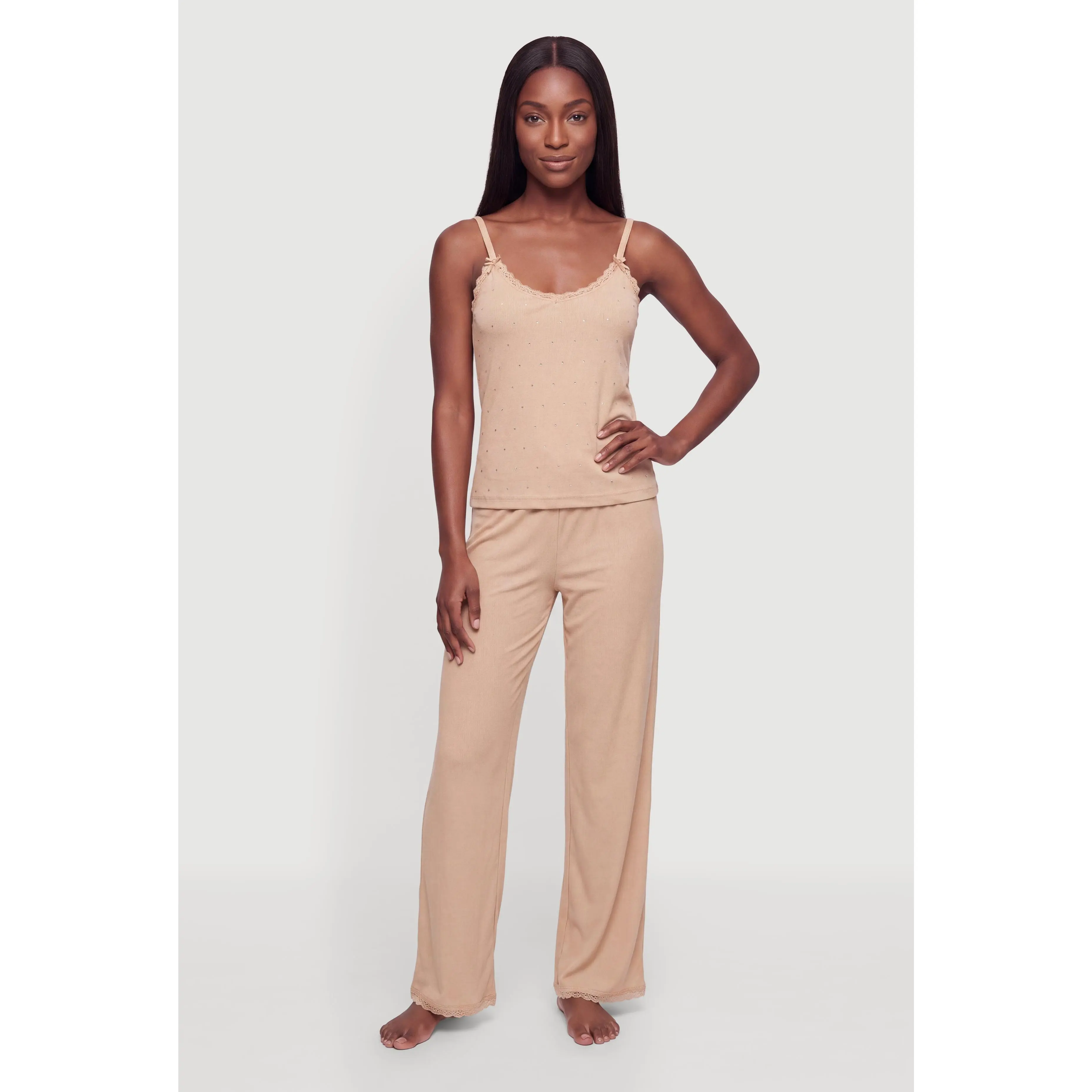 Lace Trim Rhinestone Studded Pajama Cami and Lounge Pants