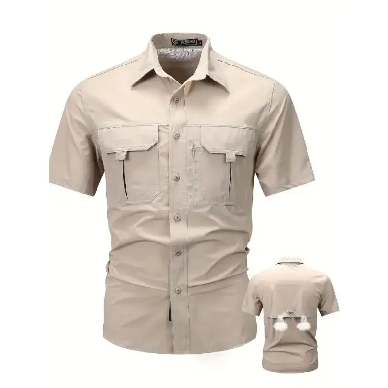 Men'S Summer Casual Cargo Shirt, Nylon 92% Spandex 8% Blend, Short Sleeve, Lapel Collar, Single Breasted, Breathable Stretch Fabric, Solid Color, Big-tall Fit, with Flap Pockets, Outdoor Activities - 120g/m2 Woven Menswear Top Men'S Summer Casual Cargo Shirt, Nylon 92% Spandex 8% Blend, Short Sleeve, Lapel Collar, Single Breasted, Breathable Stretch Fabric, Solid Color, Big-tall Fit, with Flap Pockets, Outdoor Activities - 120g/m2 Woven Menswear Top