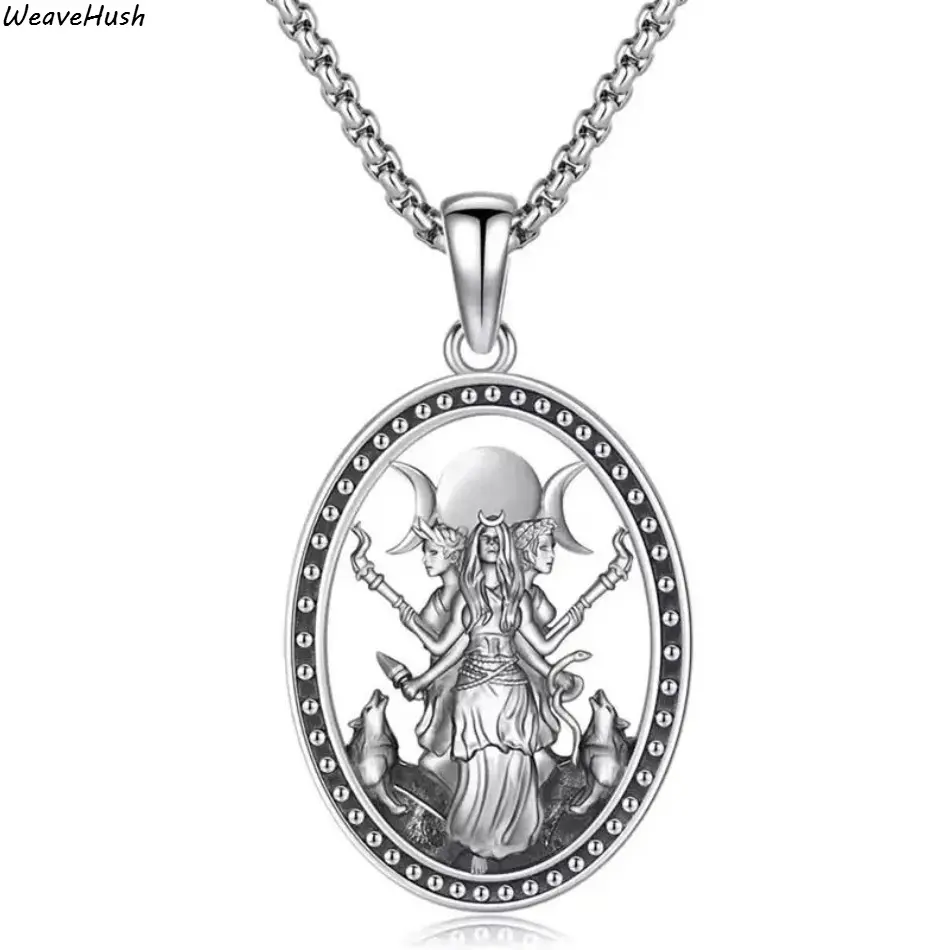 Gothic Hecate Symbol Necklace with Moonstone, Silver-Tone Oval Pendant, Unisex Spiritual Protection Amulet, Witchy Jewelry, Gothic Mystery Jewelry, Witchy Stuff, Moonstone Necklace