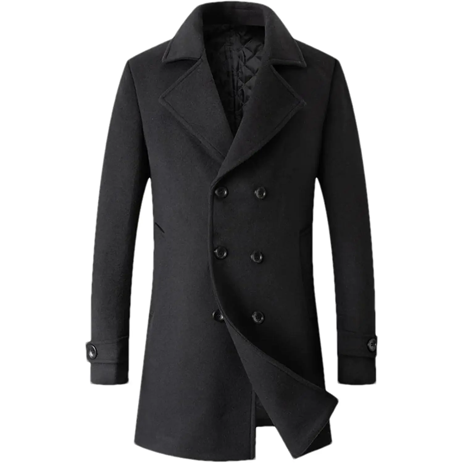 Men's Winter Coat Wool Blend Trench Overcoat Casual Double Breasted Long Pea Topcoat