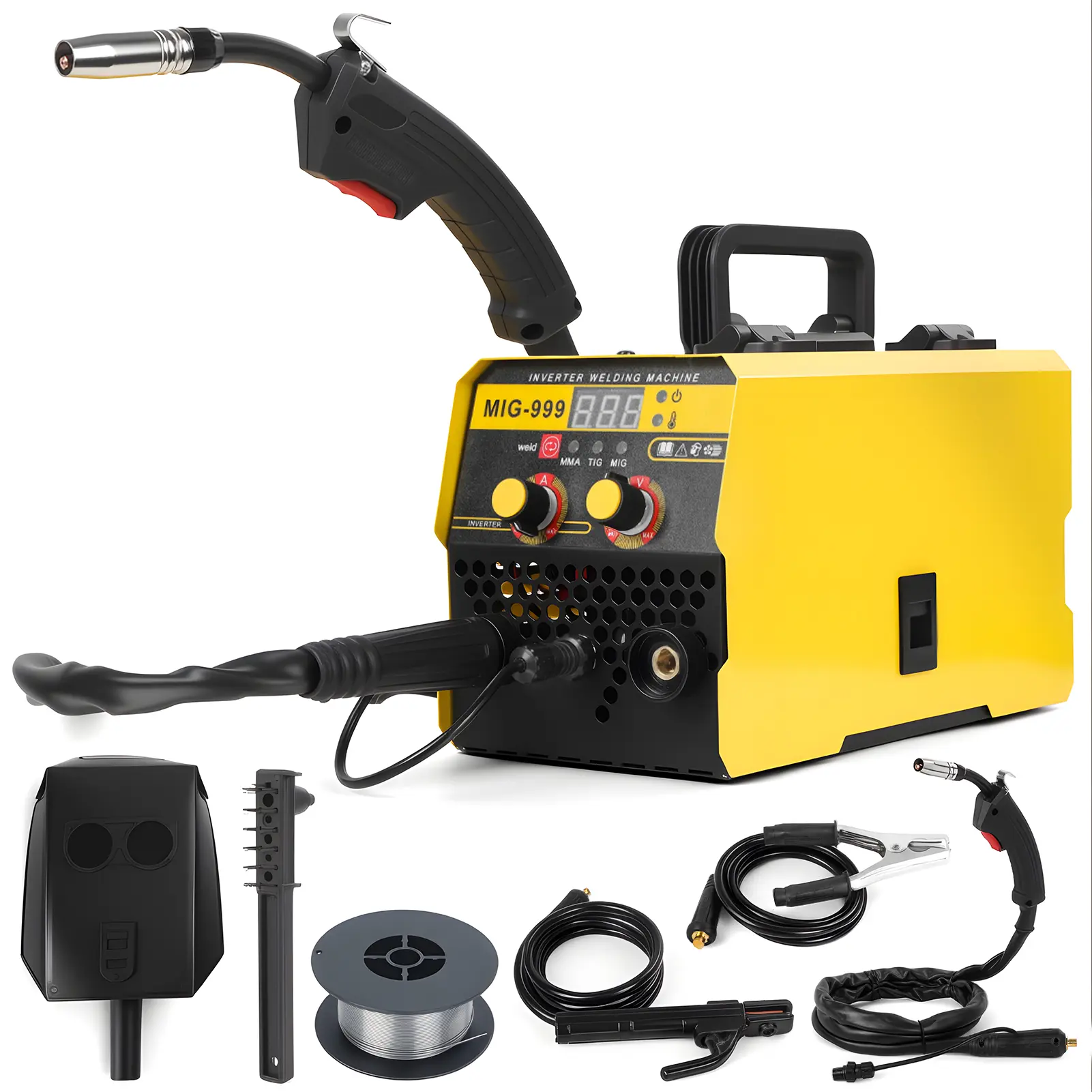 Explorinox MIG-999 3-in-1 Gasless MIG/Stick Welding Machine, 140A Portable 110V/220V Dual Voltage Metal Body with Digital LED Display, Mig Torch, Mask, Brush, Cables & Full Set Accessories